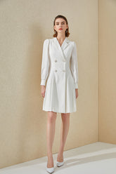 White V-Neck Pinstripes DoubleBreasted Pleated Dress - FashionByTeresa